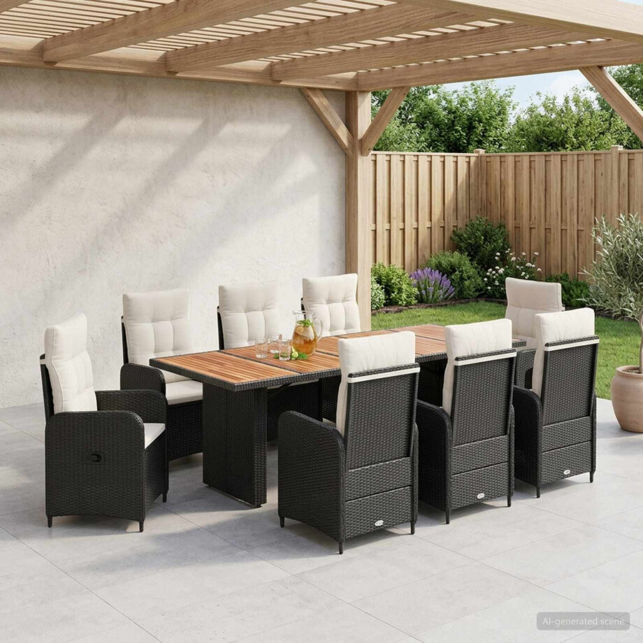 vidaXL Buiten eettafelset 9 st Zwart en Cream Wit poly rattan vidaXL Buiten eettafelset 9 st Zwart en Cream Wit poly rattan afbeelding 1