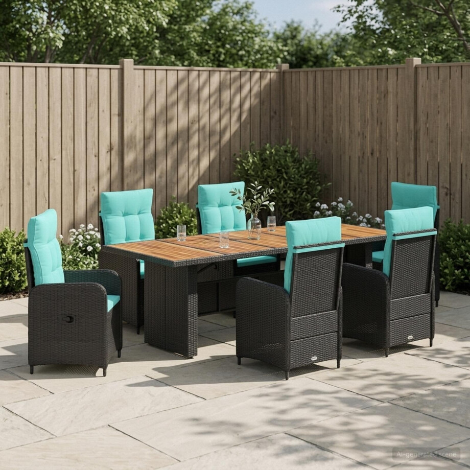 vidaXL Buiten eettafelset 7 st Zwart en Turquoise poly rattan afbeelding 1