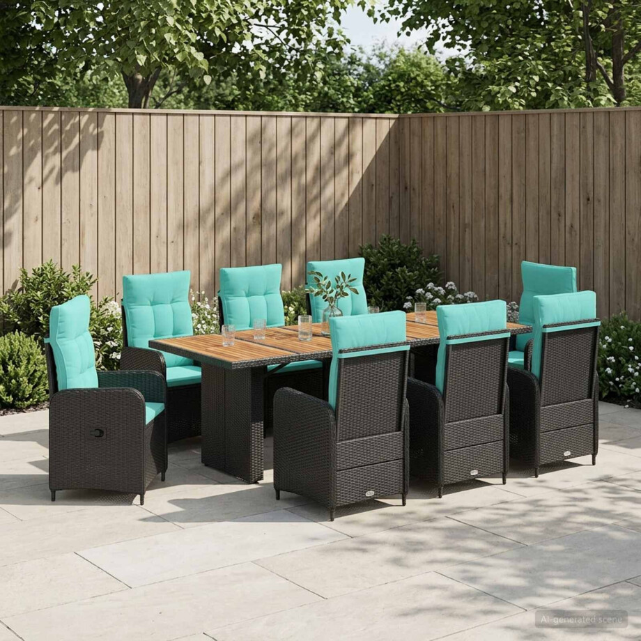 vidaXL Buiten eettafelset 9 st Zwart en Turquoise poly rattan afbeelding 1