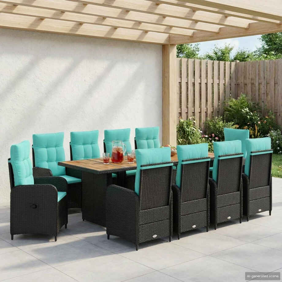 vidaXL Buiten eettafelset 11 st Zwart en Turquoise poly rattan afbeelding 1