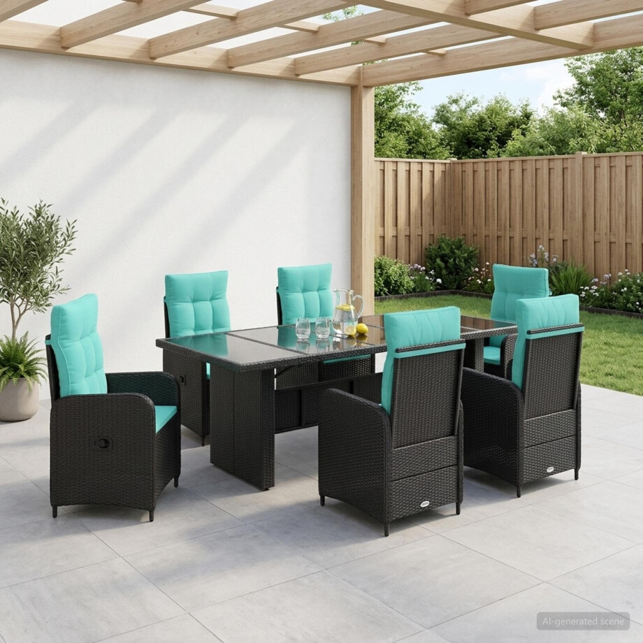 vidaXL Buiten eettafelset 7 st Zwart en Turquoise poly rattan afbeelding 1