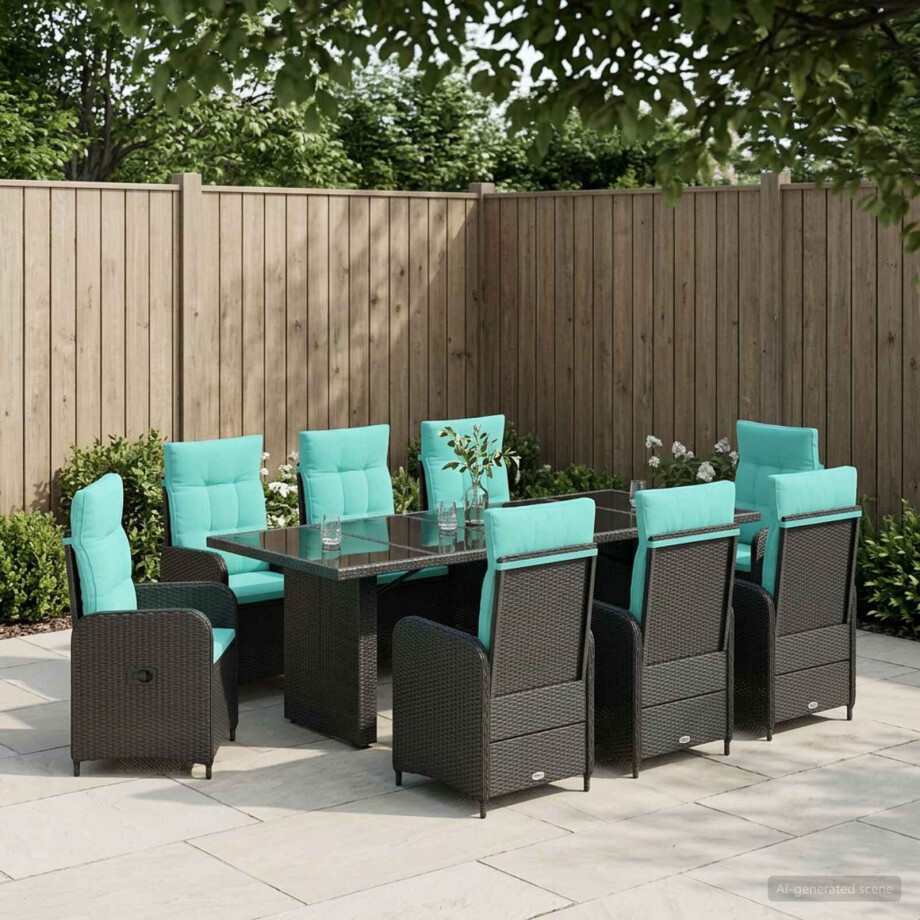vidaXL Buiten eettafelset 9 st Zwart en Turquoise poly rattan afbeelding 1