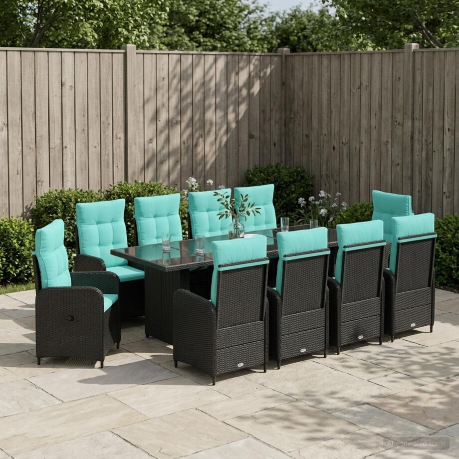 vidaXL Buiten eettafelset 11 st Zwart en Turquoise poly rattan afbeelding 1