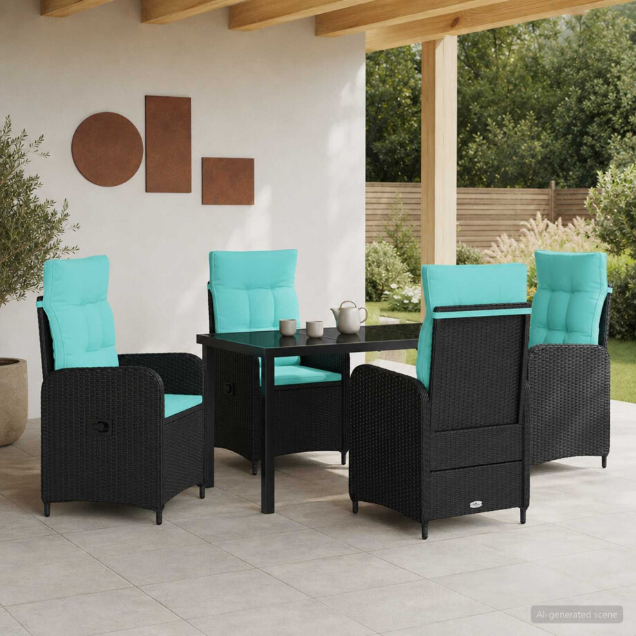 vidaXL Buiten eettafelset 5 st Zwart en Turquoise poly rattan afbeelding 1