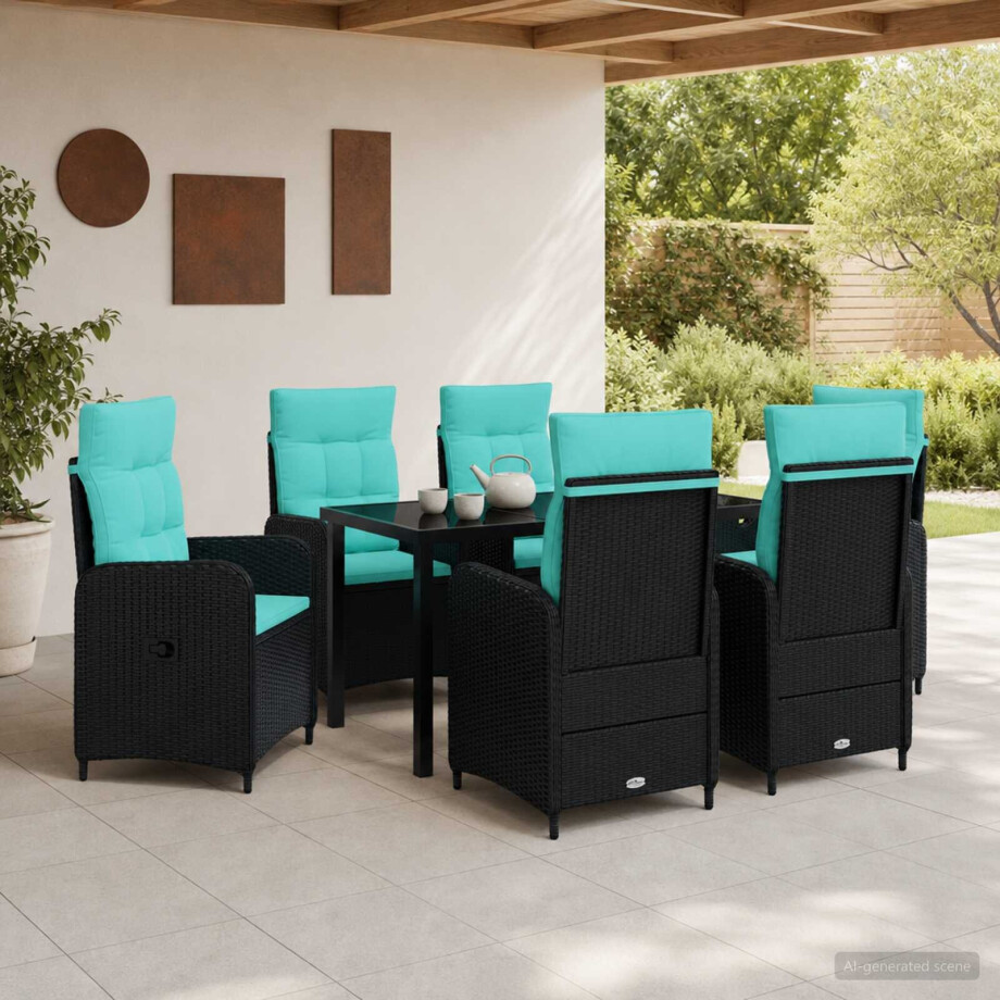 vidaXL Buiten eettafelset 7 st Zwart en Turquoise poly rattan afbeelding 1