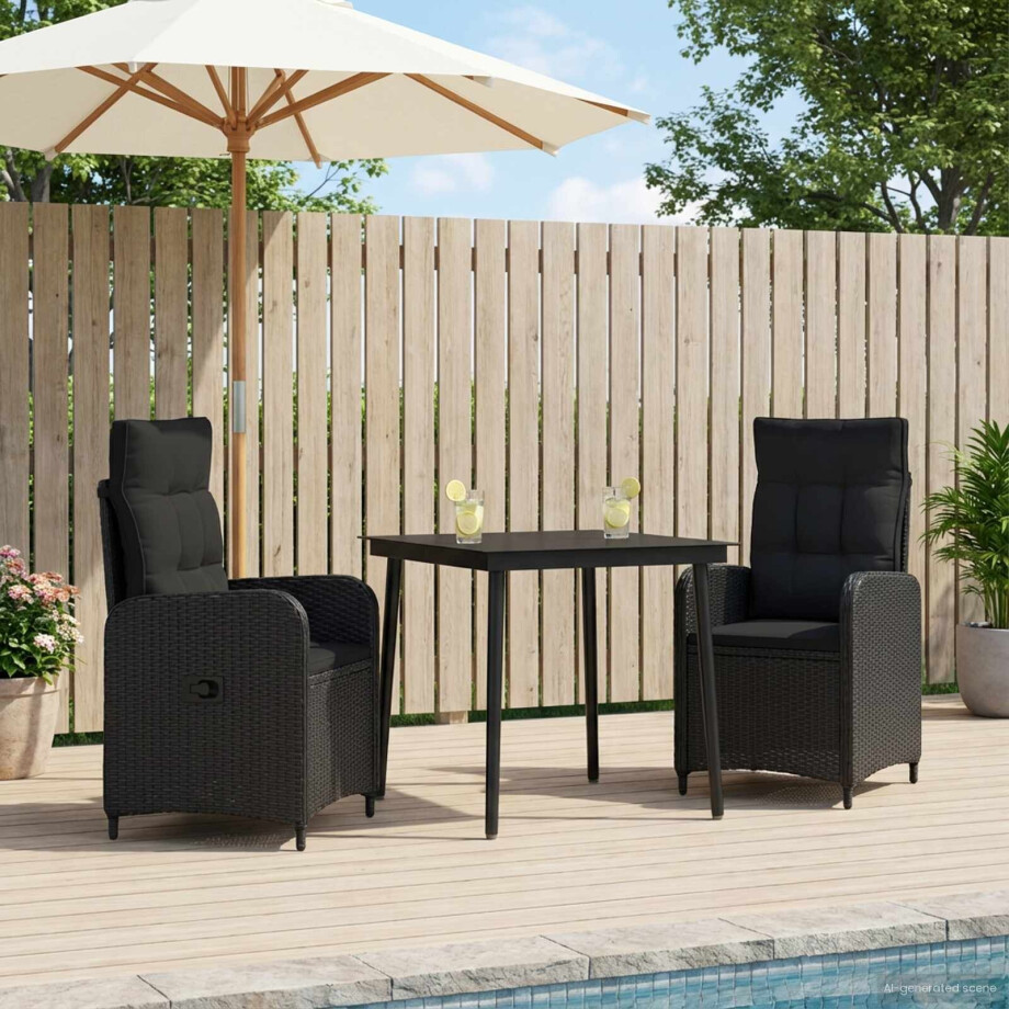 vidaXL Bank tafel set 3 pcs Zwart PE Rattan en Poeder-Coated Staal afbeelding 1