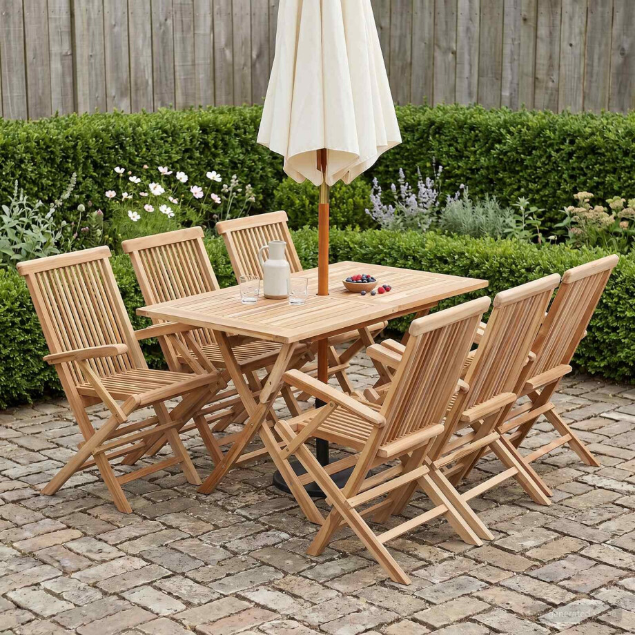 vidaXL Tuinmeubelset 7 st Naturel Massief Teakhout vidaXL Tuinmeubelset 7 st Naturel Massief Teakhout afbeelding 1
