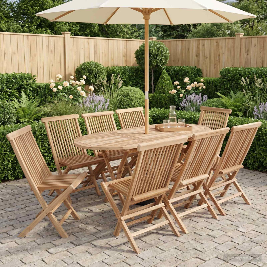 vidaXL Tuinmeubelset 9 st Naturel Massief Teakhout vidaXL Tuinmeubelset 9 st Naturel Massief Teakhout afbeelding 1