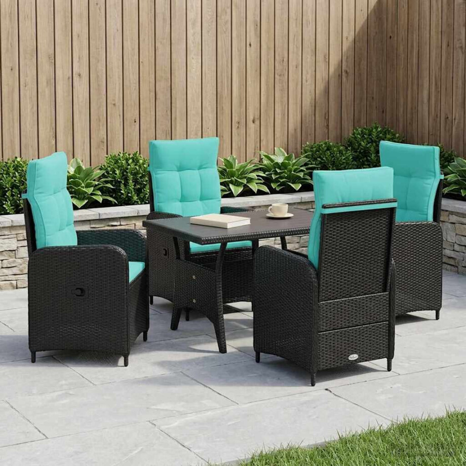 vidaXL Buiten eettafelset 5 pcs Zwart en Turquoise poly rattan afbeelding 1