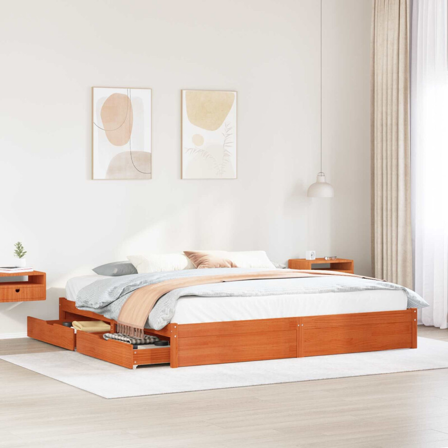 vidaXL Bedframe met lade Wasbruin 200 x 200 cm Massief Vurenhout vidaXL Bedframe met lade Wasbruin 200 x 200 cm Massief Vurenhout afbeelding 1