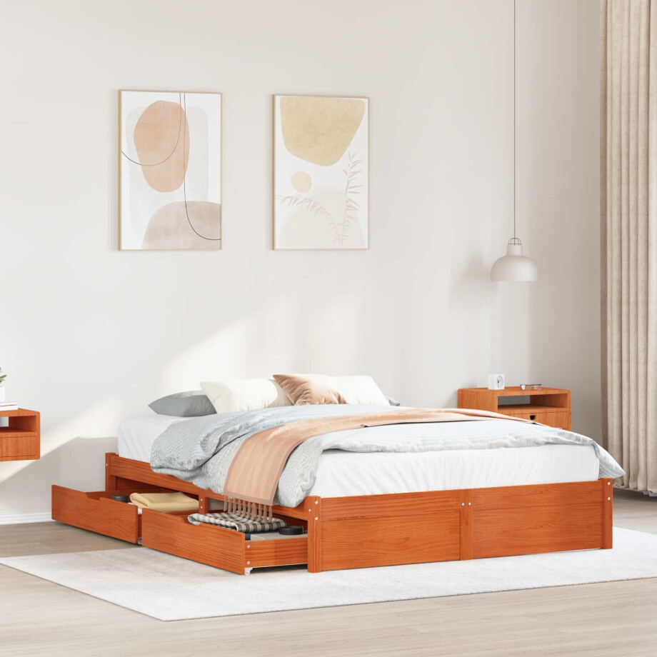 vidaXL Bedframe met lade met opslag 3 pcs Wasbruin Massief Vurenhout afbeelding 1