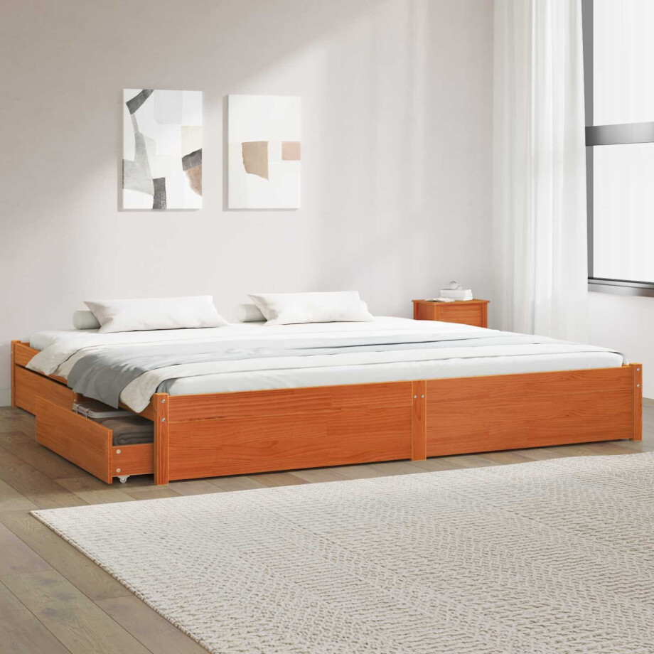 vidaXL Bedframe met lade Wasbruin 200 x 200 cm Massief Vurenhout vidaXL Bedframe met lade Wasbruin 200 x 200 cm Massief Vurenhout afbeelding 1