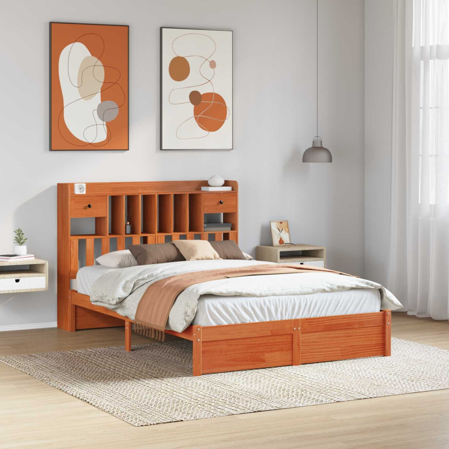 vidaXL Boekenkast Bedframe Wasbruin 200 x 150 cm Massief Vurenhout afbeelding 1