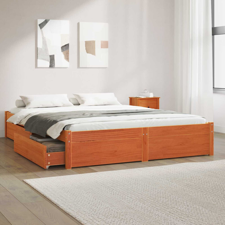 vidaXL Bedframe met lade Wasbruin 150 x 200 cm Massief Vurenhout vidaXL Bedframe met lade Wasbruin 150 x 200 cm Massief Vurenhout afbeelding 1