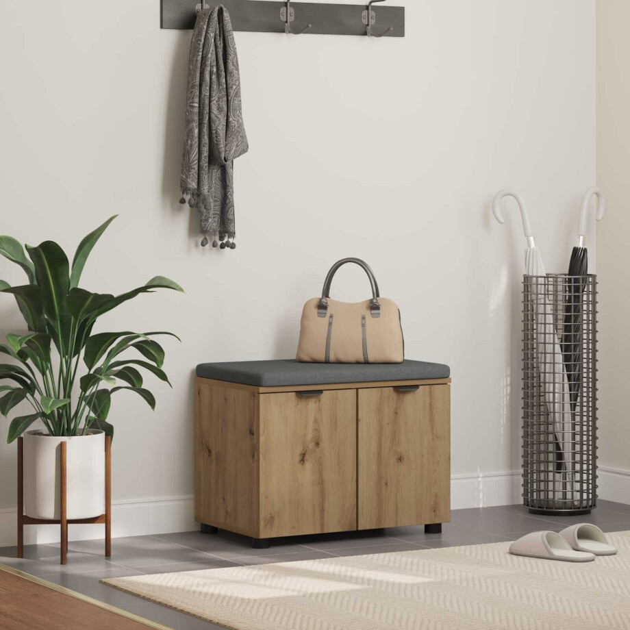 vidaXL Schoenbank met kussen Artisanaal eiken 60 x 38 x 46 cm vidaXL Schoenbank met kussen Artisanaal eiken 60 x 38 x 46 cm afbeelding 1