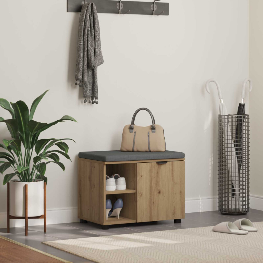 vidaXL Schoenbank met kussen Artisanaal eiken 60 x 38 x 46 cm afbeelding 1