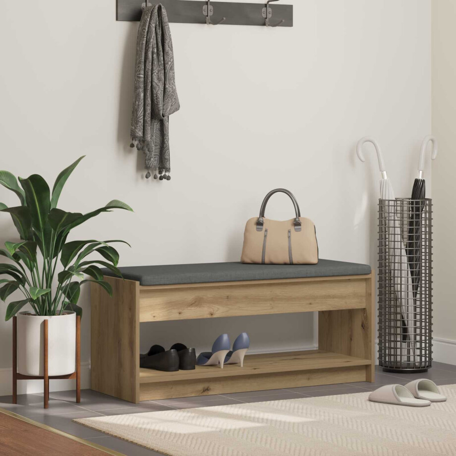 vidaXL Schoenbank met kussen Artisanaal eiken 103 x 38 x 45 cm afbeelding 1