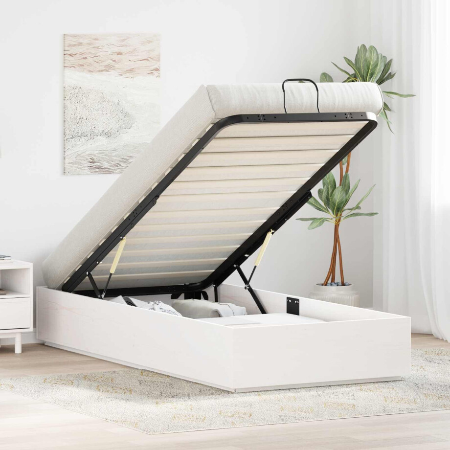 vidaXL Ottoman Bedframe met Opslag Wit 100 x 200 cm Massief grenenhout afbeelding 1