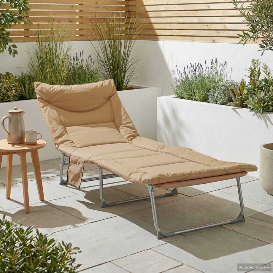 vidaXL Opvouwbare zonnebed met kussen Beige vidaXL Opvouwbare zonnebed met kussen Beige afbeelding 1