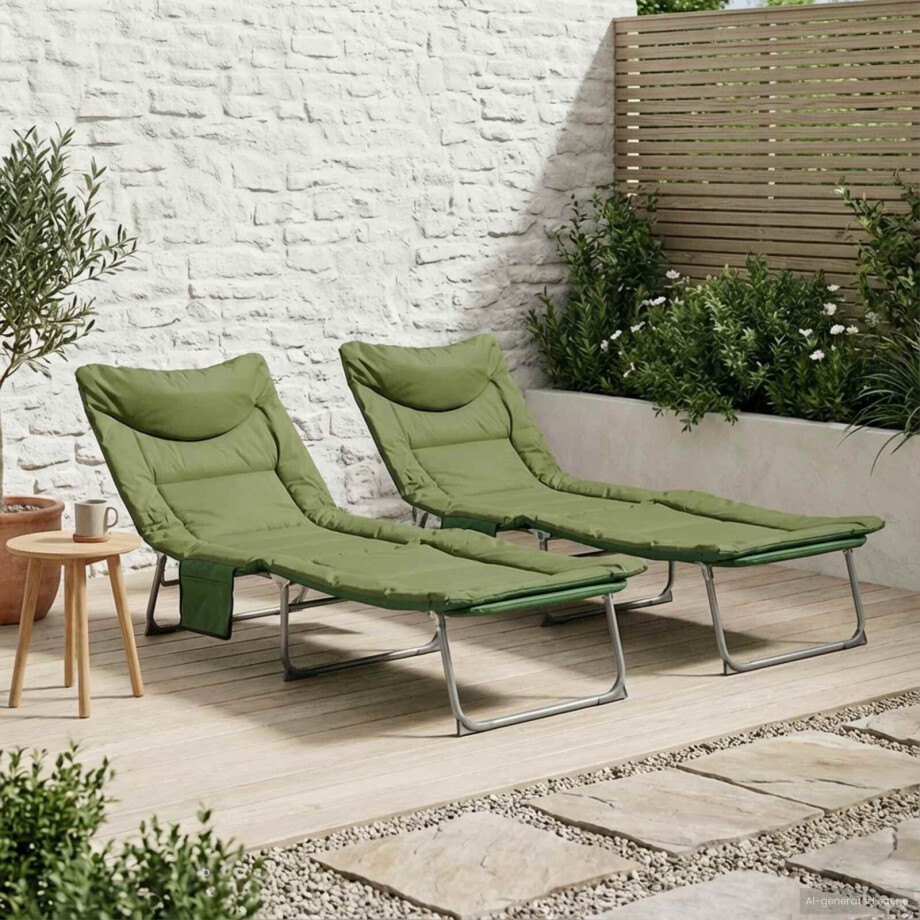 vidaXL Opvouwbare zonnebed met kussen 2 pcs Donkergroen vidaXL Opvouwbare zonnebed met kussen 2 pcs Donkergroen afbeelding 1