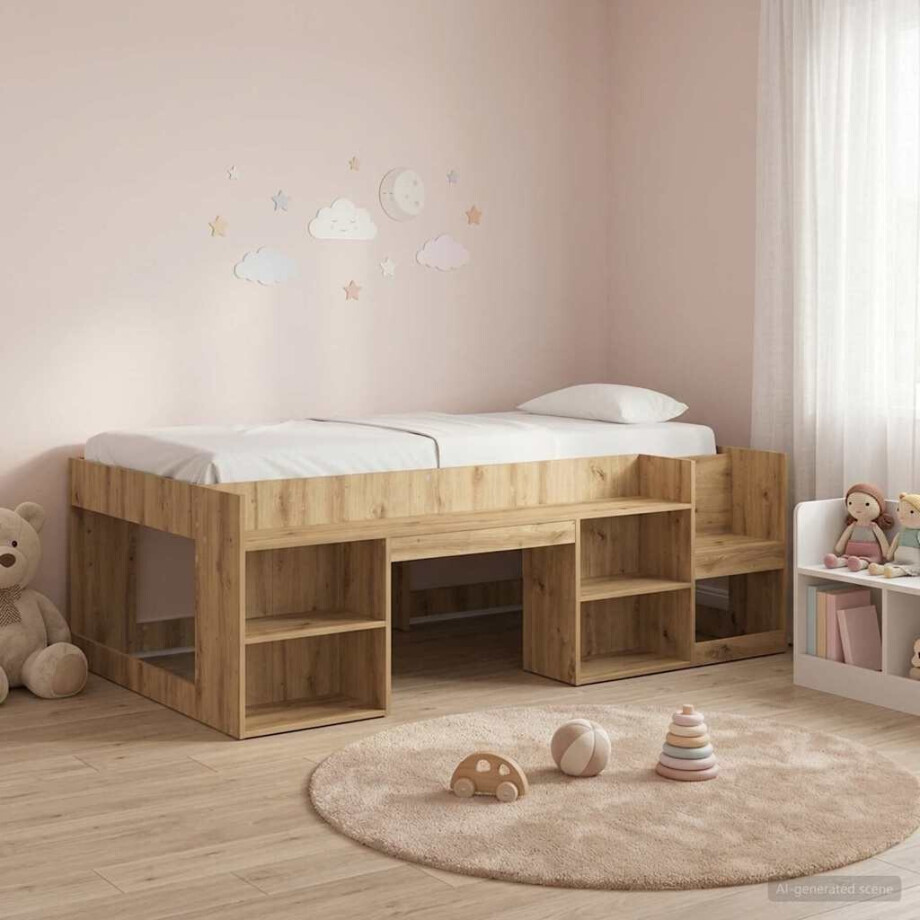 vidaXL Jeugd bedframe met opbergruimte Artisanaal eiken 90 x 200 cm afbeelding 1