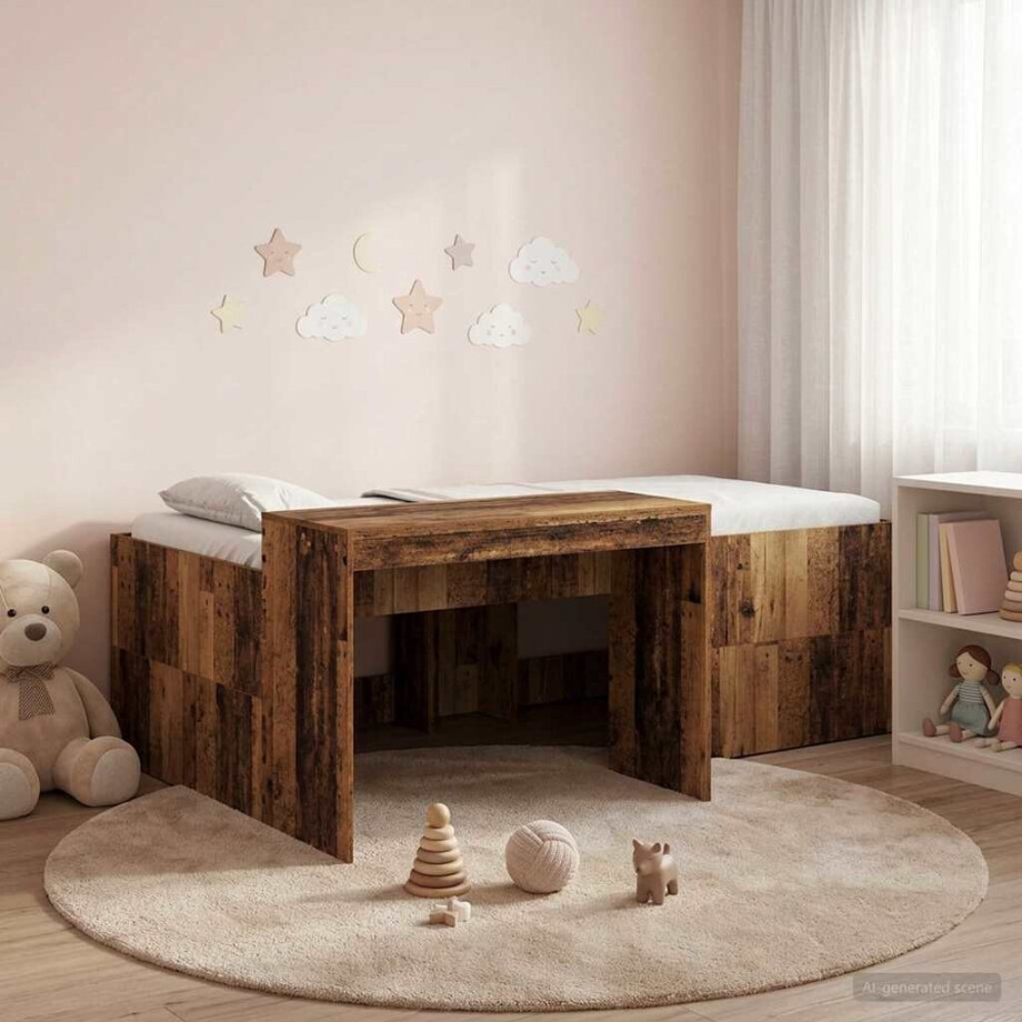 vidaXL Hoge Bed Frame met Bureau voor Kinderen Oud hout 98.5 x 200 cm afbeelding 1