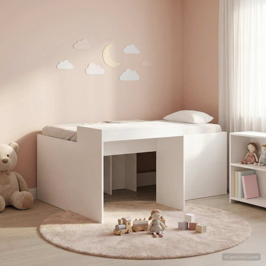 vidaXL Hoge Bed Frame met Bureau voor Kinderen Wit Bewerkt hout afbeelding 1