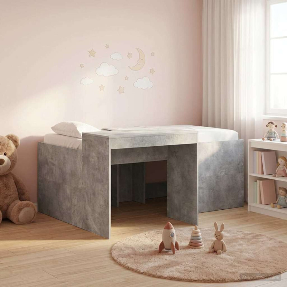 vidaXL Hoge Bed Frame met Bureau voor Kinderen Betongrijs Bewerkt hout afbeelding 1