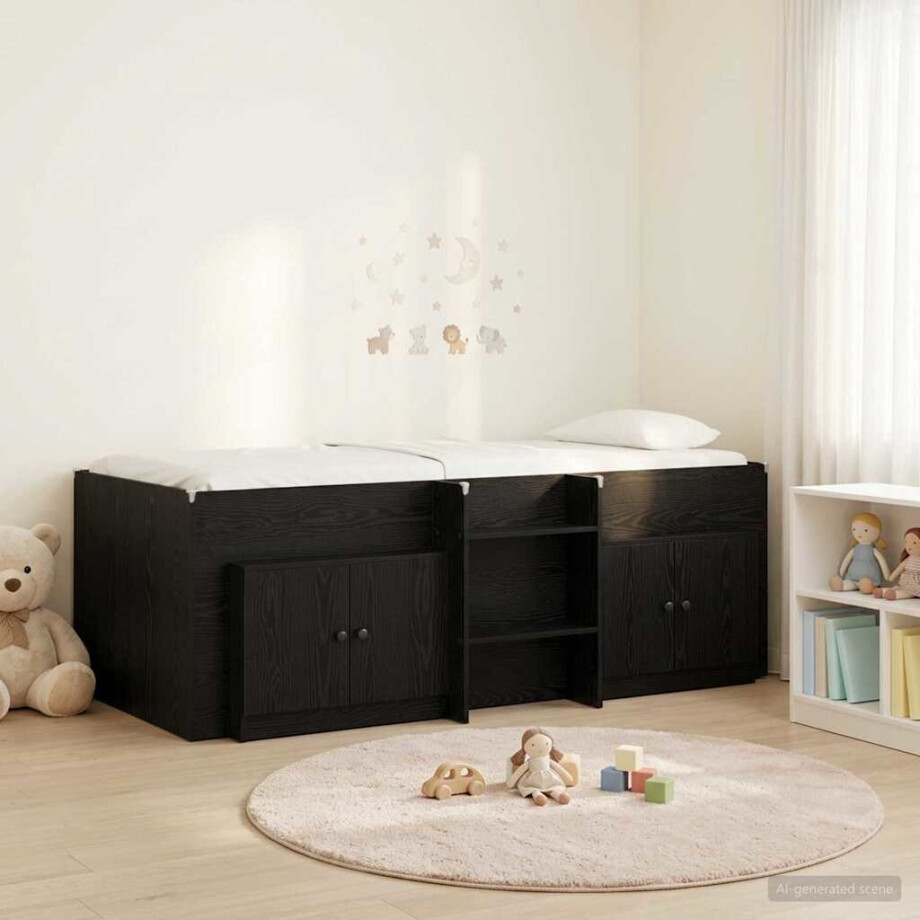 vidaXL Loft Bed Frame met Kast met opslag 3 pcs Zwart Bewerkt hout afbeelding 1
