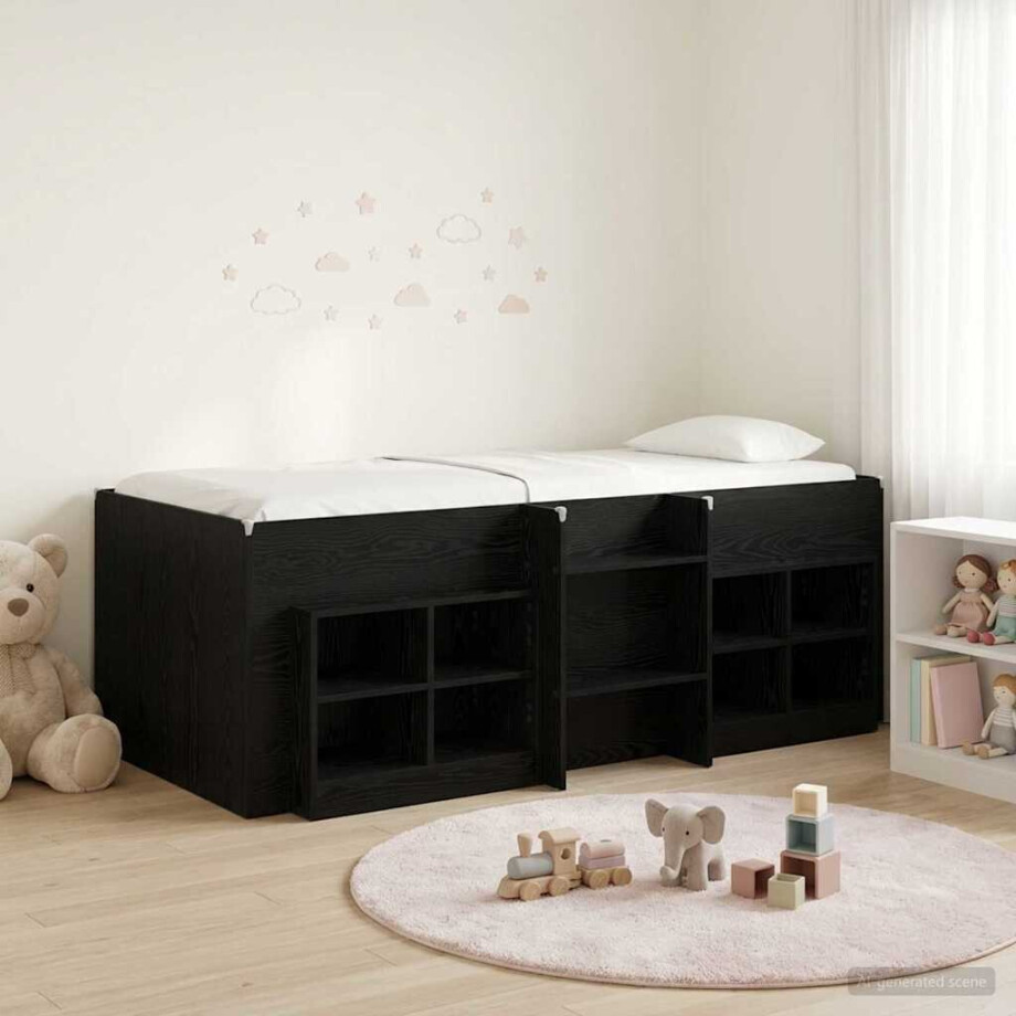 vidaXL Loft Bed Frame met Kast met plank 3 st Zwart Bewerkt hout afbeelding 1