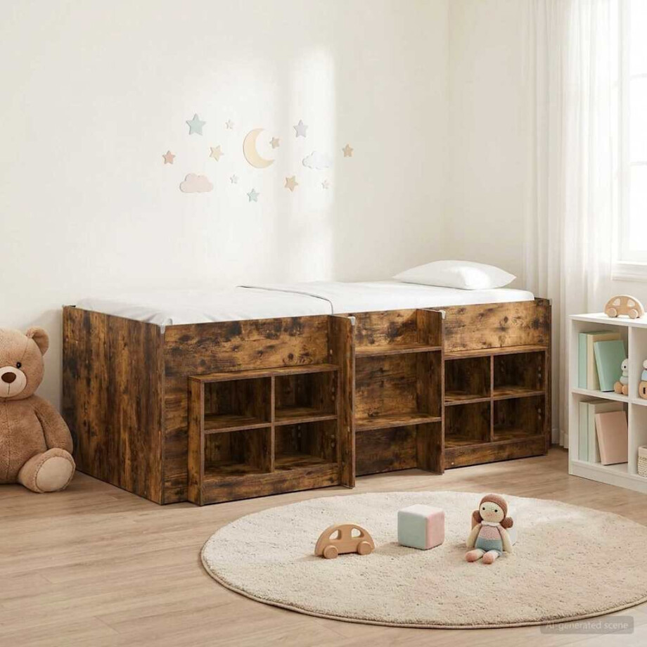 vidaXL Loft Bed Frame met Kast 3 st Gerookt eiken Bewerkt hout afbeelding 1