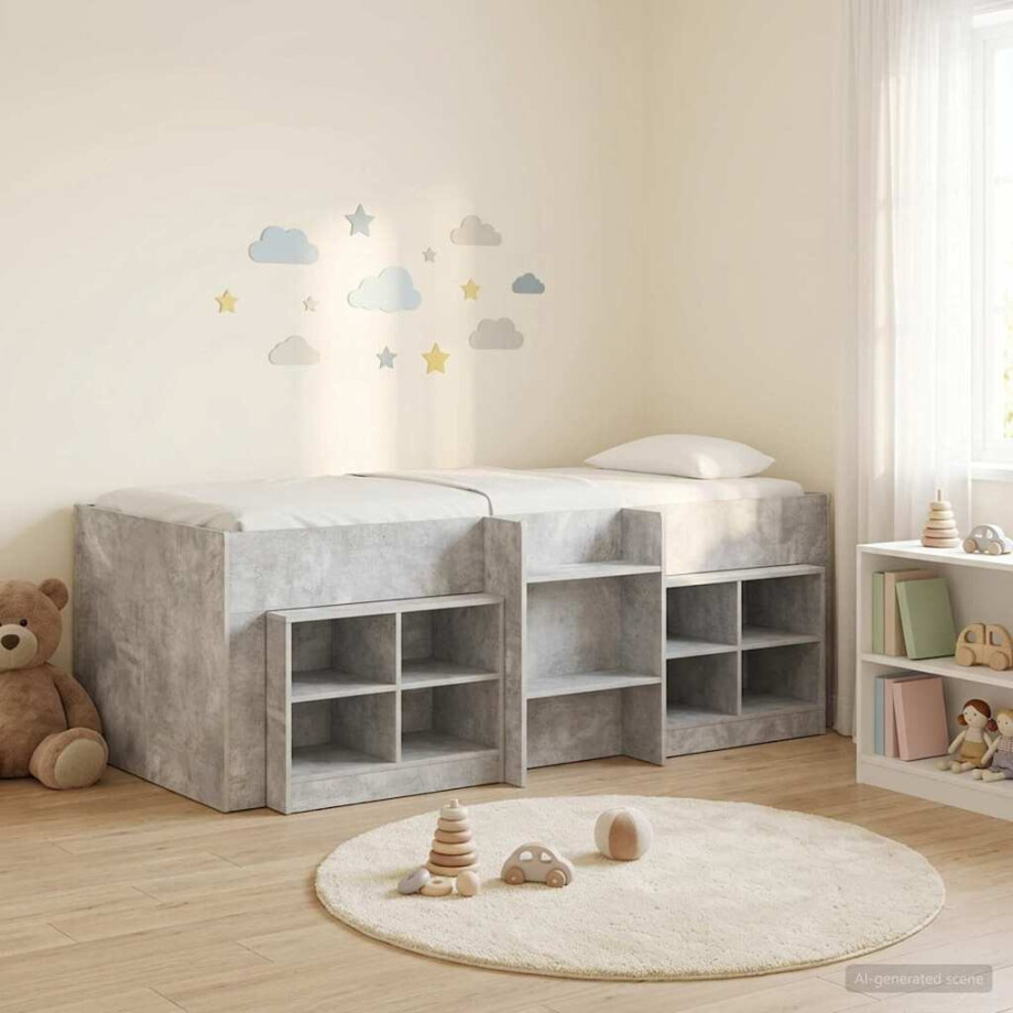 vidaXL Loft Bed Frame met Kast met plank 3 st Betongrijs Bewerkt hout afbeelding 1