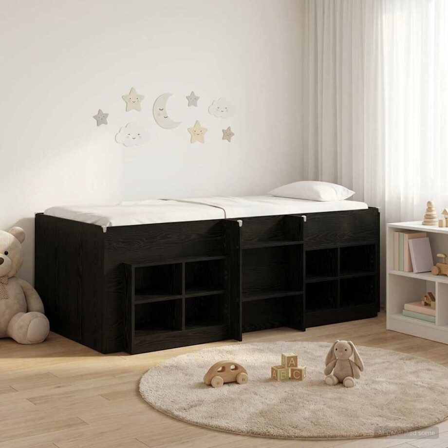 vidaXL Loft Bed Frame met Kast met plank 3 st Zwart Bewerkt hout afbeelding 1