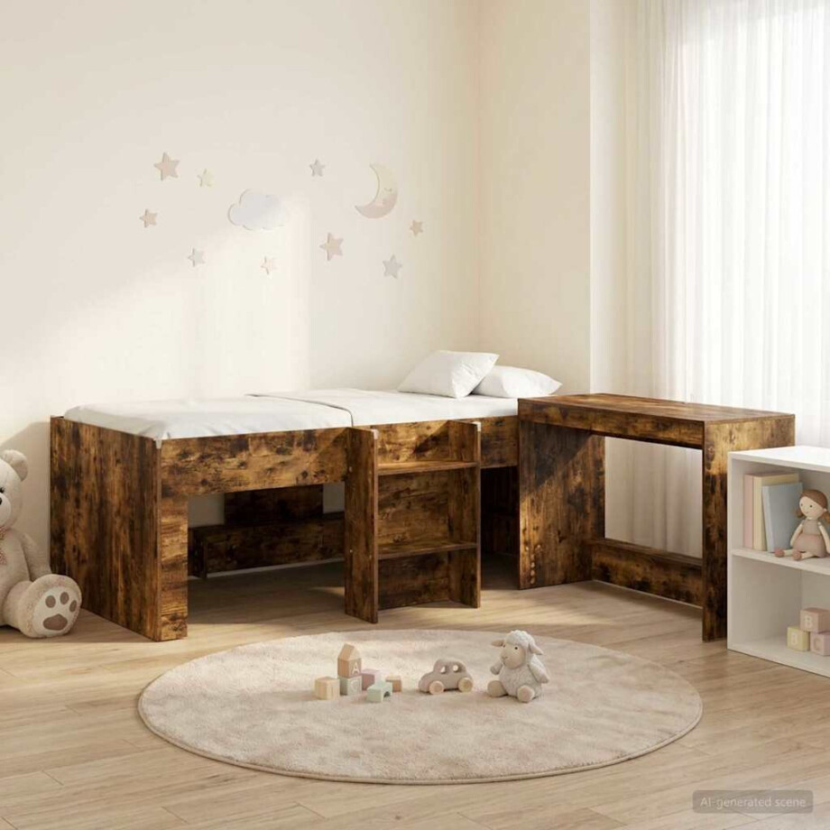 vidaXL Bedframe met Bureau 2 st Gerookt eiken Bewerkt hout afbeelding 1