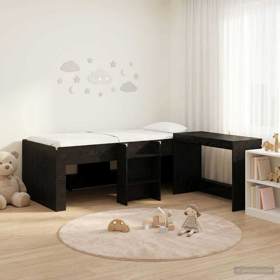 vidaXL Hoge Bed Frame met Bureau voor Kinderen 2 st Zwart eiken vidaXL Hoge Bed Frame met Bureau voor Kinderen 2 st Zwart eiken afbeelding 1