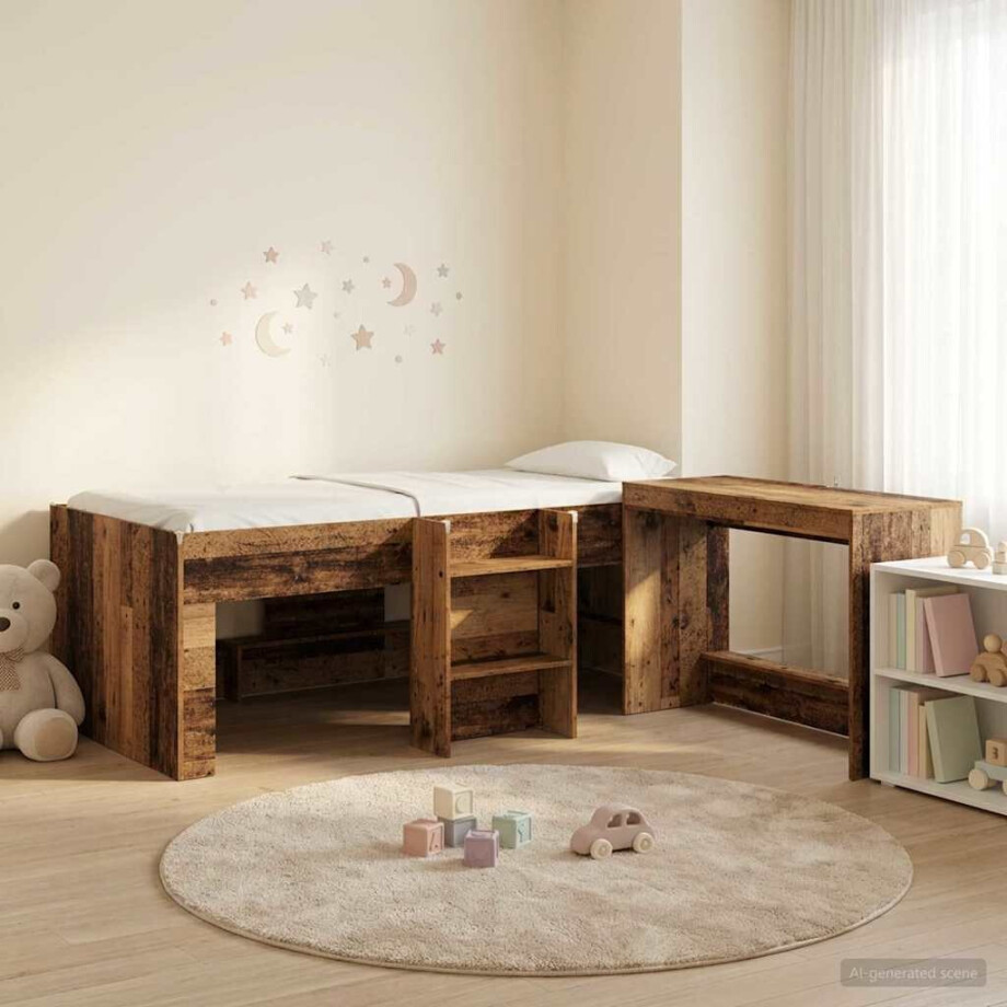 vidaXL Hoge Bed Frame met Bureau voor Kinderen 2 st Oud hout afbeelding 1