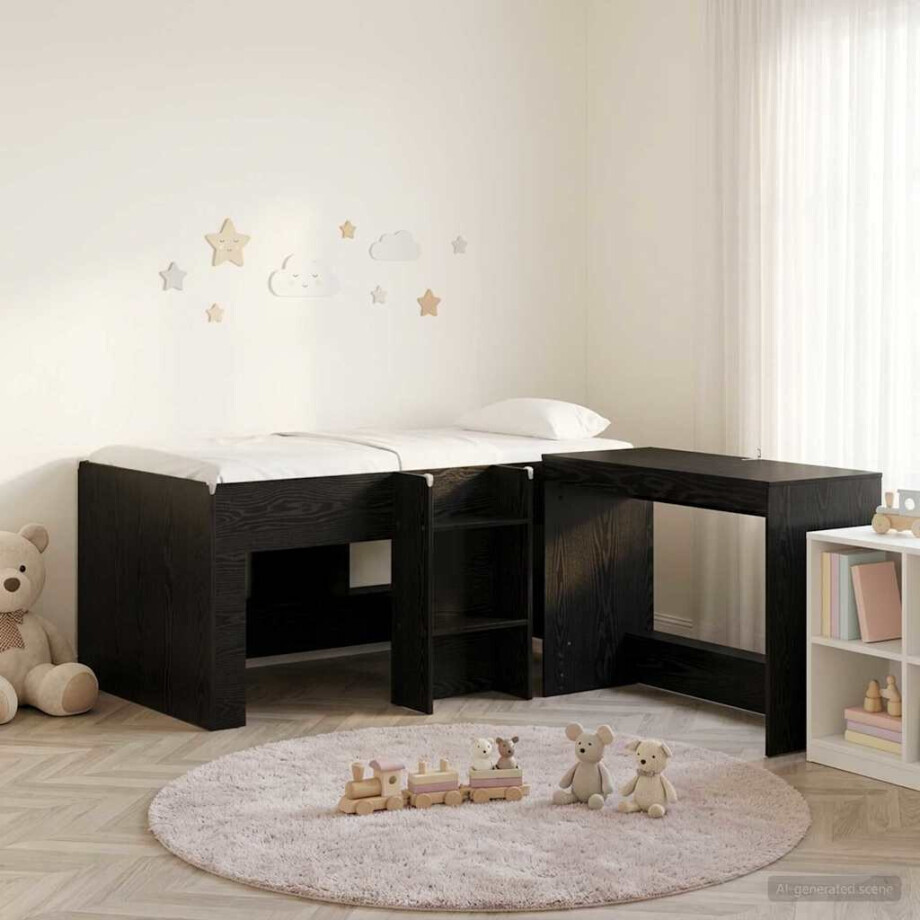 vidaXL Hoge Bed Frame met Bureau voor Kinderen 2 st Zwart eiken vidaXL Hoge Bed Frame met Bureau voor Kinderen 2 st Zwart eiken afbeelding 1