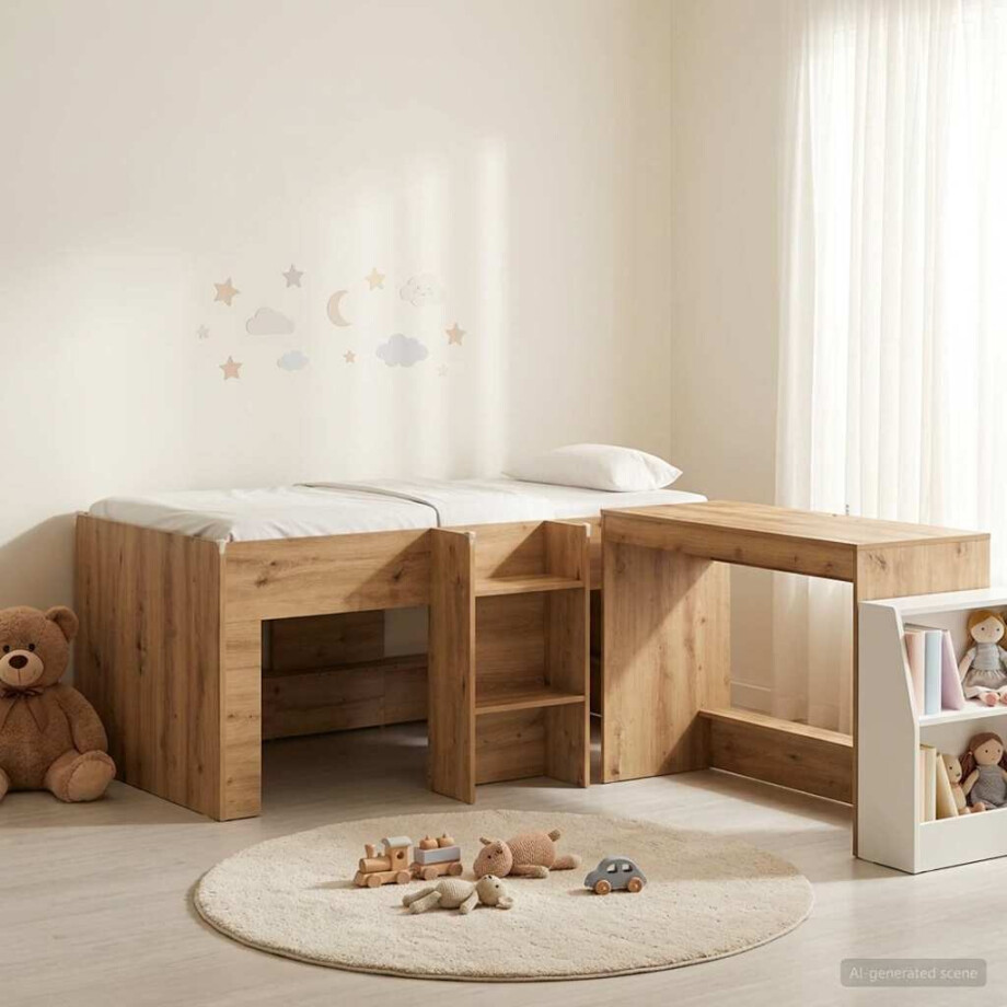 vidaXL Hoge Bed Frame met Bureau voor Kinderen 2 st Artisanaal eiken afbeelding 1