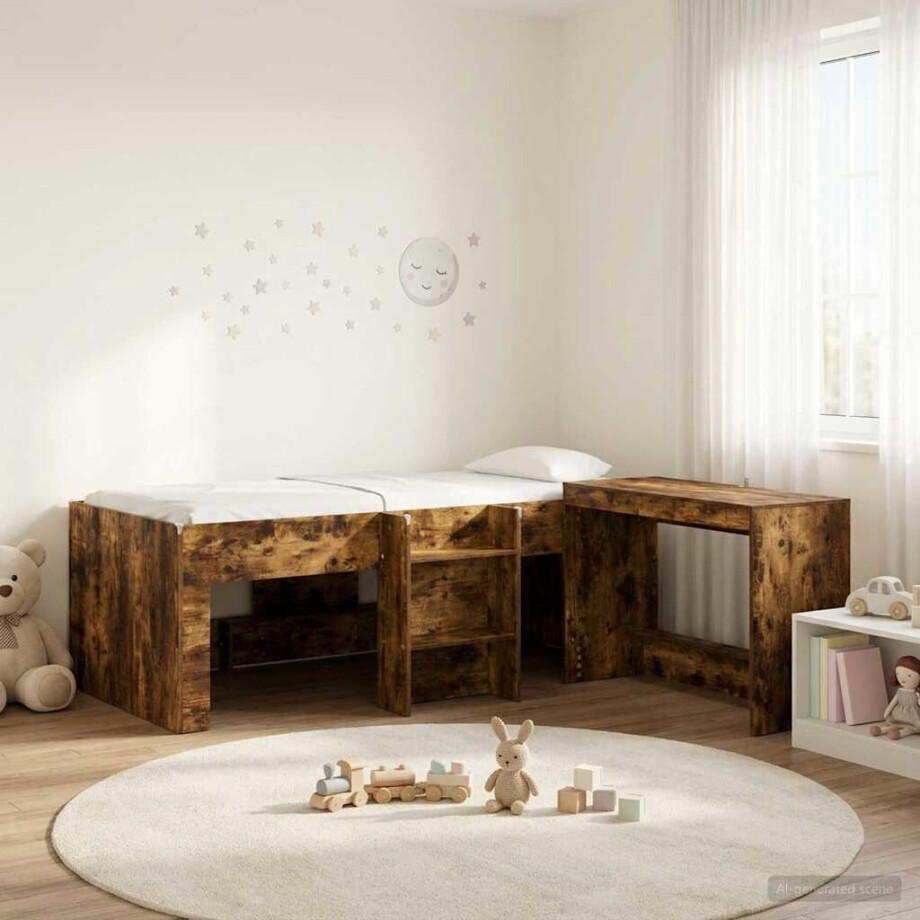 vidaXL Hoge Bed Frame met Bureau voor Kinderen 2 st Gerookt eiken afbeelding 1