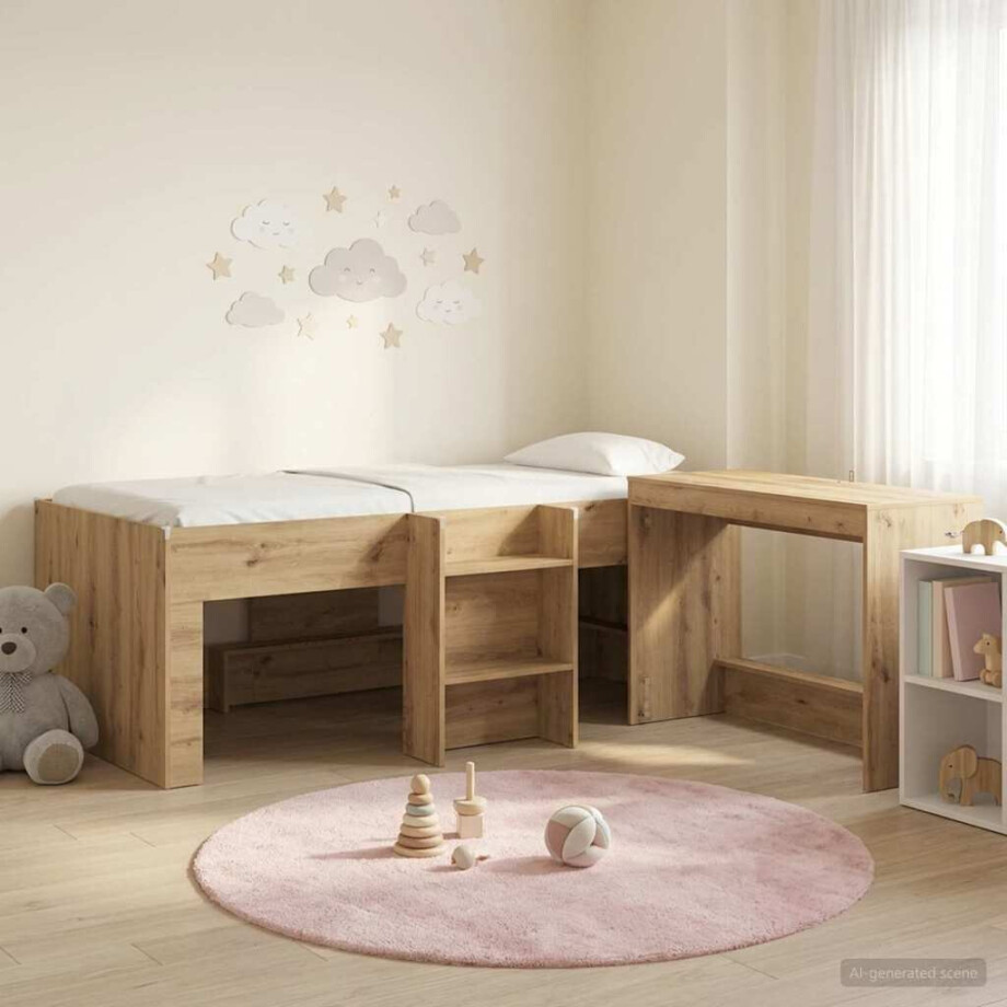 vidaXL Hoge Bed Frame met Bureau voor Kinderen 2 st Artisanaal eiken afbeelding 1