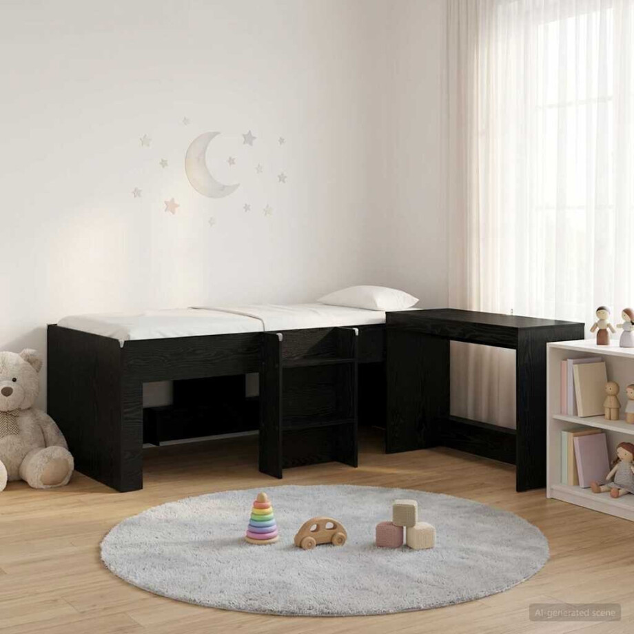 vidaXL Hoge Bed Frame met Bureau voor Kinderen 2 st Zwart eiken afbeelding 1