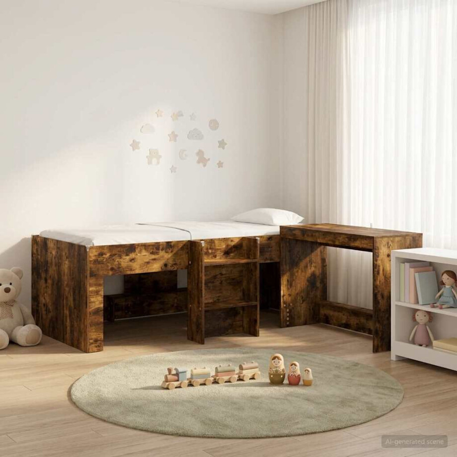 vidaXL Hoge Bed Frame met Bureau voor Kinderen 2 st Gerookt eiken afbeelding 1