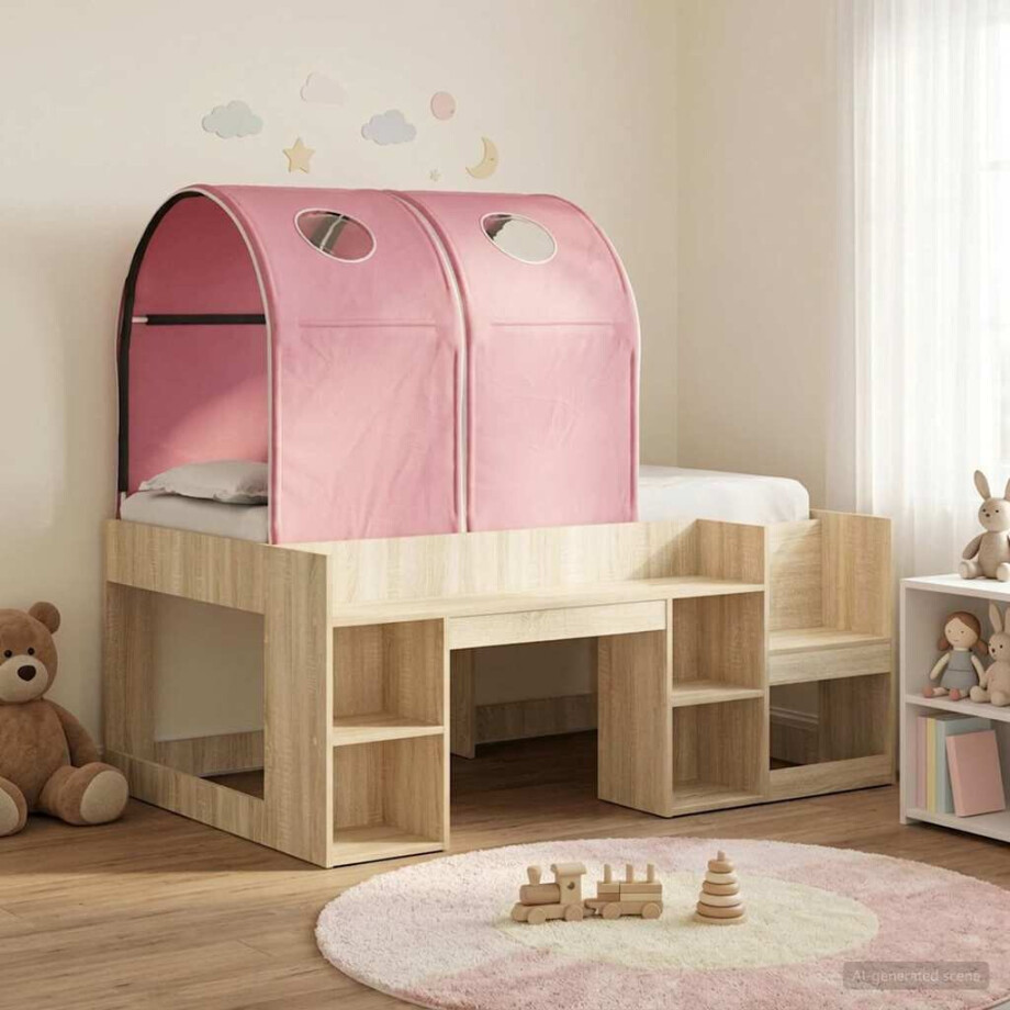 vidaXL Bed met Tunnel met plank 3 st Sonoma eiken en roze Bewerkt hout vidaXL Bed met Tunnel met plank 3 st Sonoma eiken en roze Bewerkt hout afbeelding 1