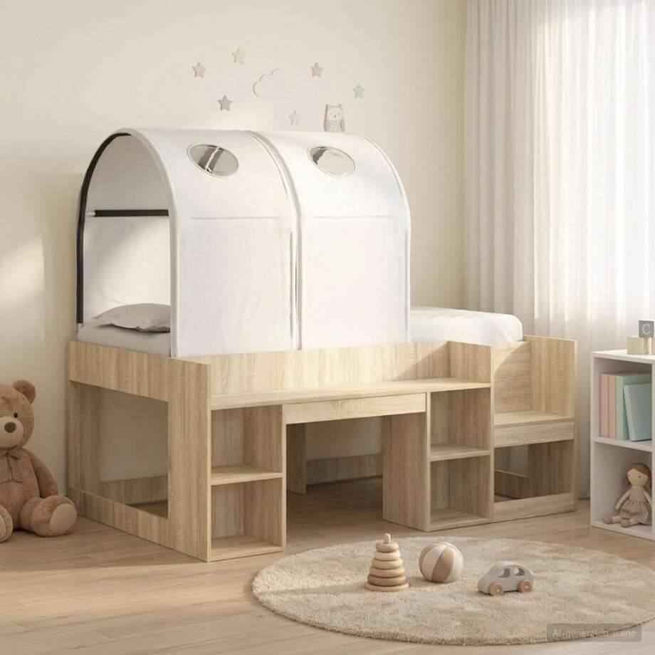 vidaXL Bed met Tunnel met plank 3 st Sonoma eiken en wit Bewerkt hout vidaXL Bed met Tunnel met plank 3 st Sonoma eiken en wit Bewerkt hout afbeelding 1