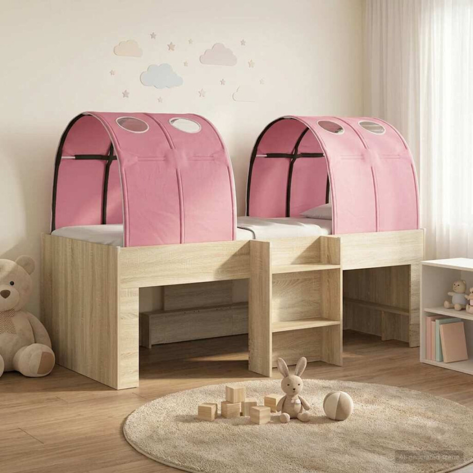 vidaXL Hoge Bed Frame voor Kids met Tunnel Sonoma eiken en roze afbeelding 1