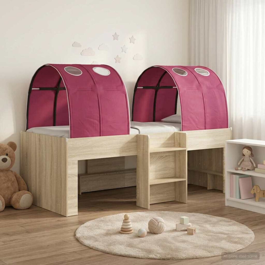 vidaXL Hoge Bed Frame voor Kids met Tunnel 3 st Sonoma eiken en rood afbeelding 1