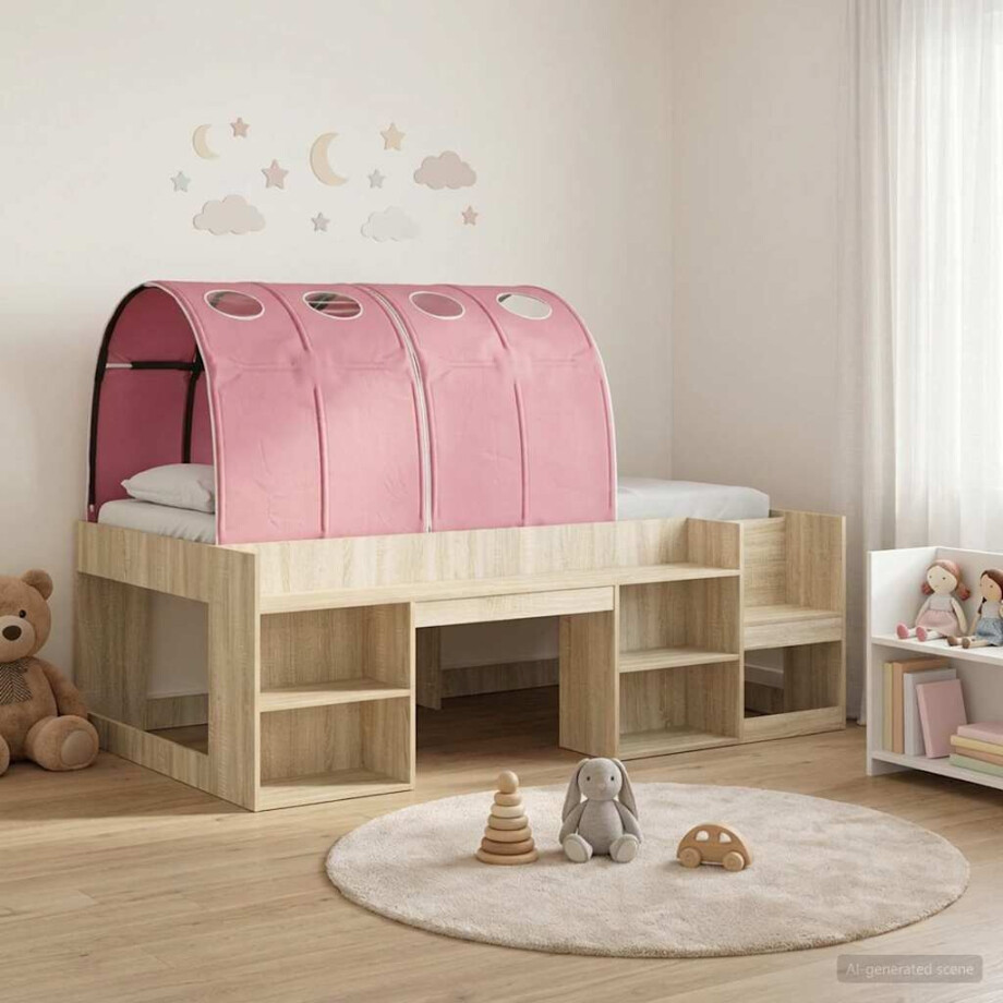 vidaXL Bed met Tunnel met plank 3 st Sonoma en Roze Bewerkt hout vidaXL Bed met Tunnel met plank 3 st Sonoma en Roze Bewerkt hout afbeelding 1