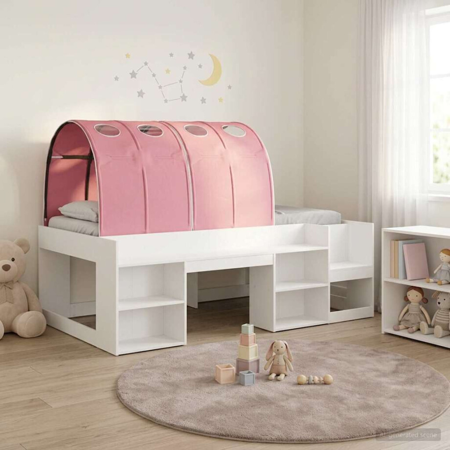 vidaXL Hoge Bedframe voor Kinderen met Opslag Wit en Roze Bewerkt hout afbeelding 1