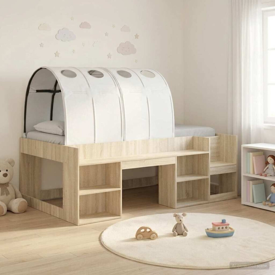 vidaXL Hoge Bedframe voor Kinderen met Opslag 3 st Sonoma eiken en wit afbeelding 1