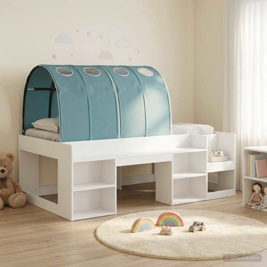 vidaXL Bedframe met tunnel 3 pcs Wit en Lichtblauw Geconstrueerd hout afbeelding 1